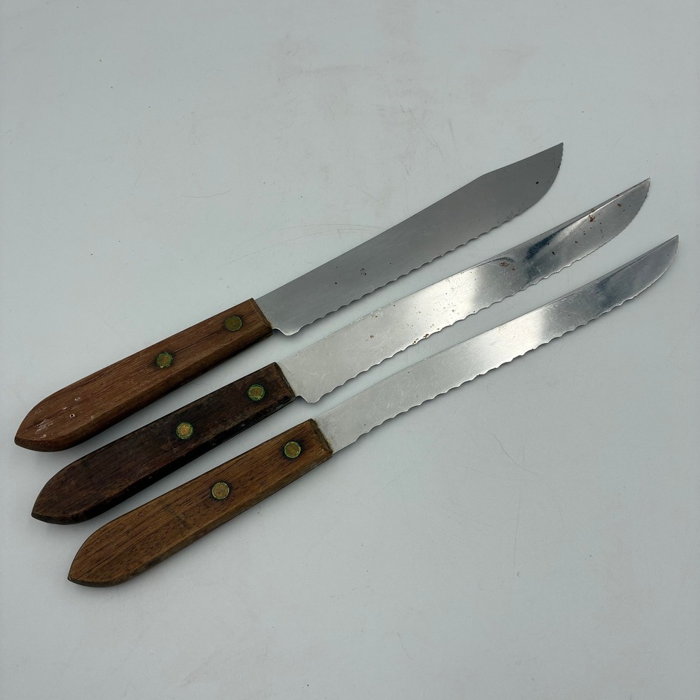 Robinson Stainless USA Knives Set Lot of 3 Vintage Wood Handle Serrated